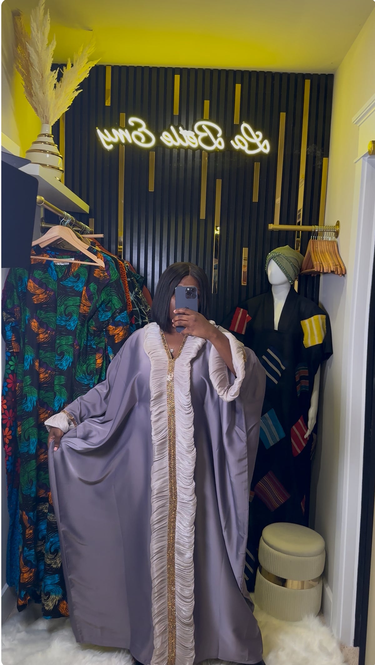 Lavender Kaftan with Ivory Pleated Trim and Gold Accents