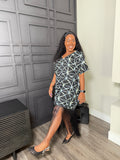 Black Geometric Fringe Dress with V-Neck and Pockets