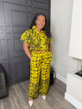 Crop Shirt & Pants Set - Yellow Mixed Print