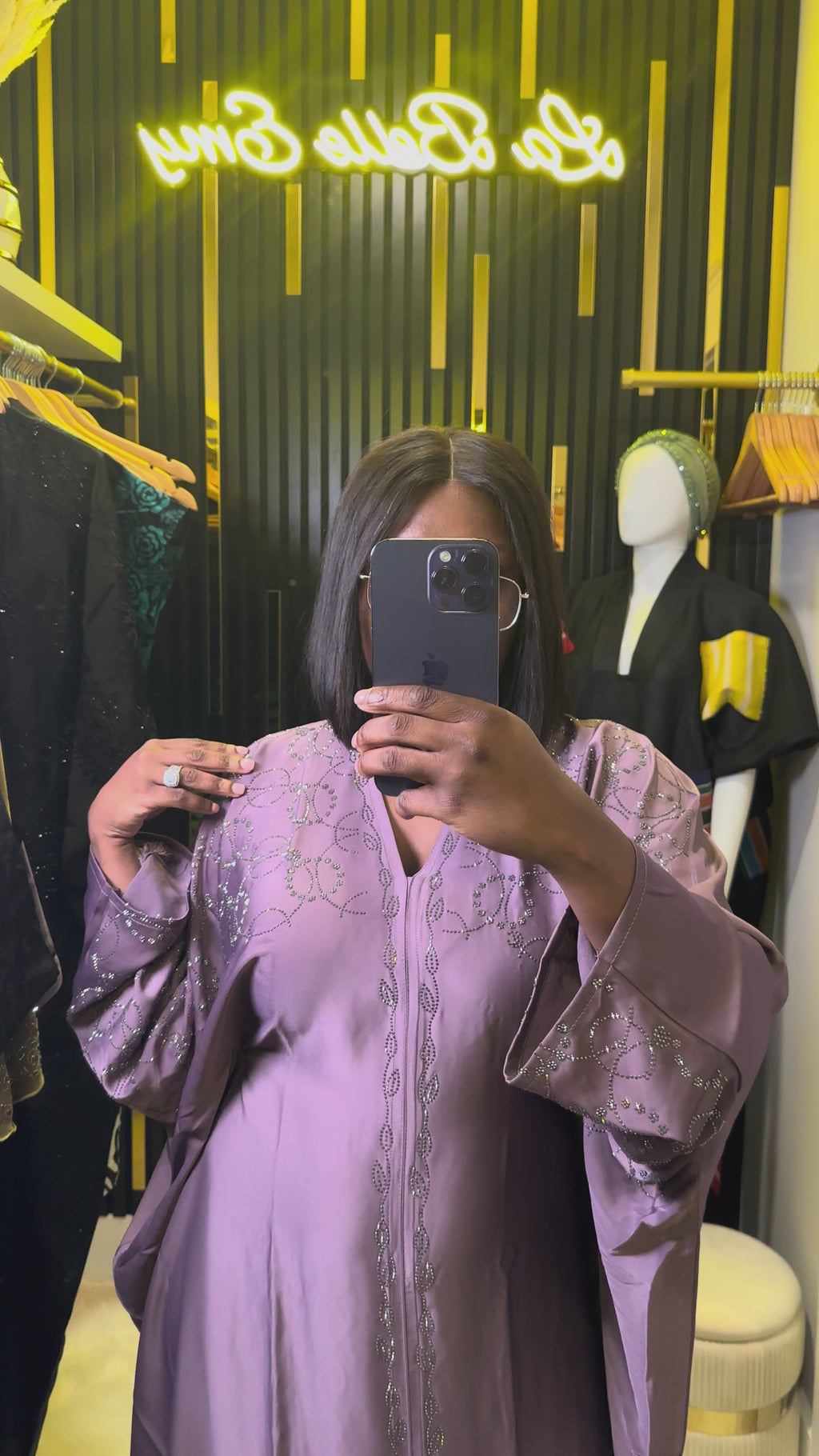 Mauve Crystal-Effect Embellished V-Neck Kaftan