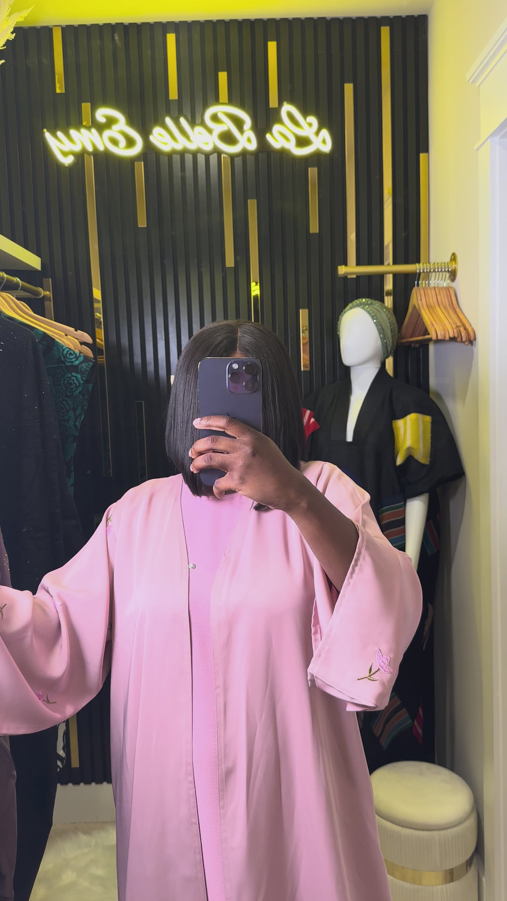 Dusty Rose Floral-Embroidered Open-Front Abaya