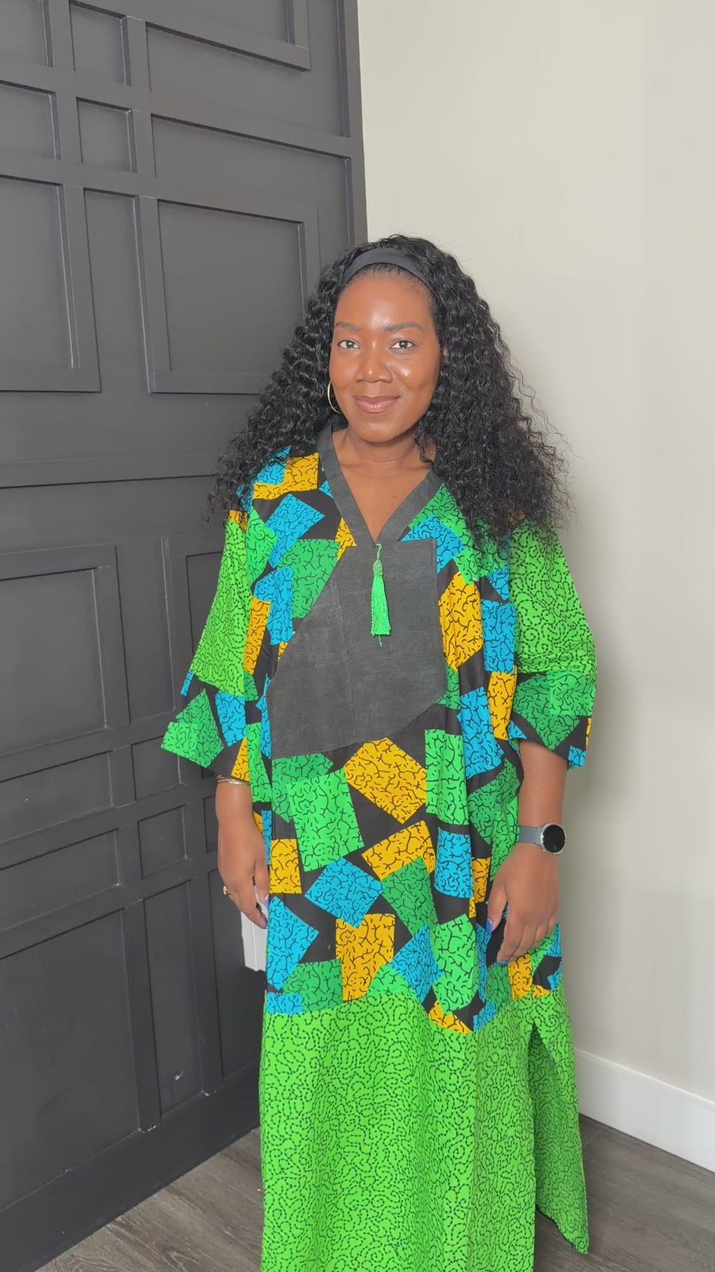 Green Patchwork-Print Tassel-Neck Kaftan Dress