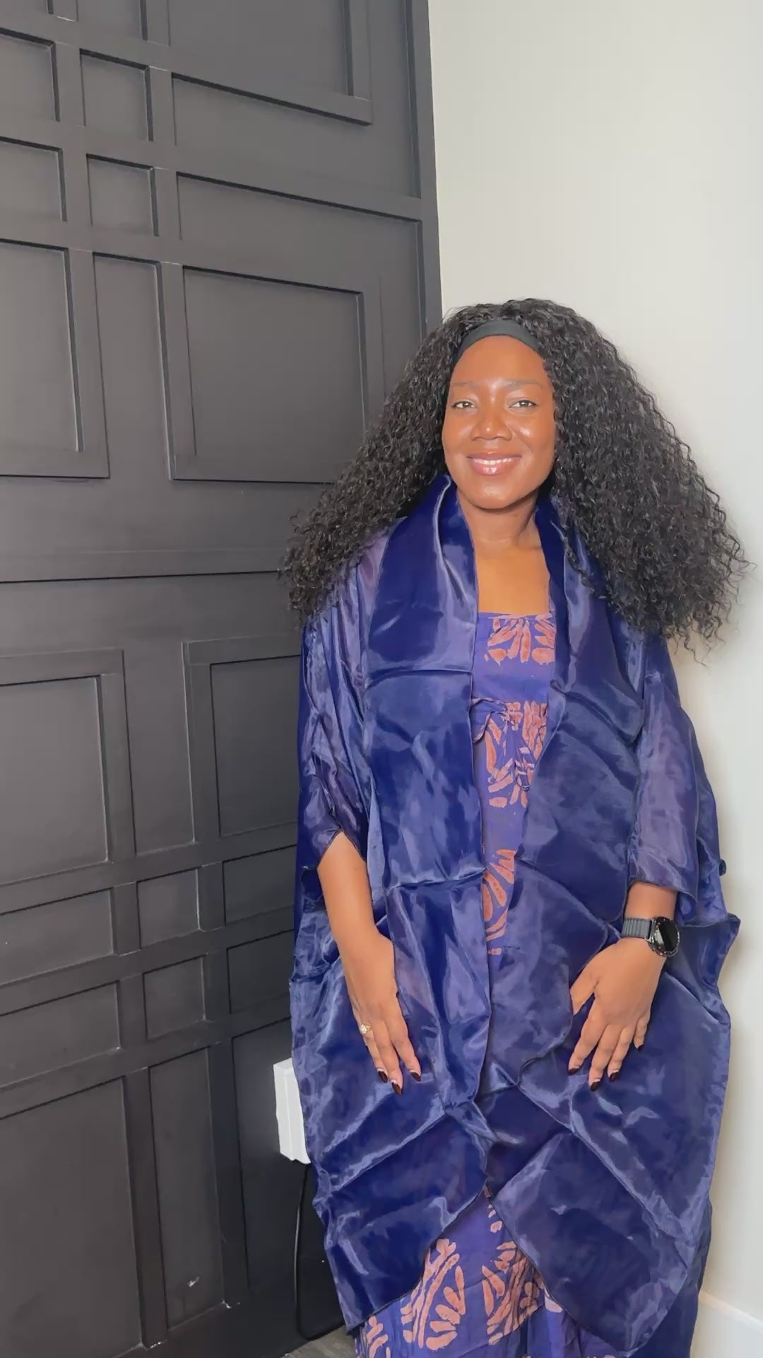 Royal Blue Printed Dress and Draped Wrap Set