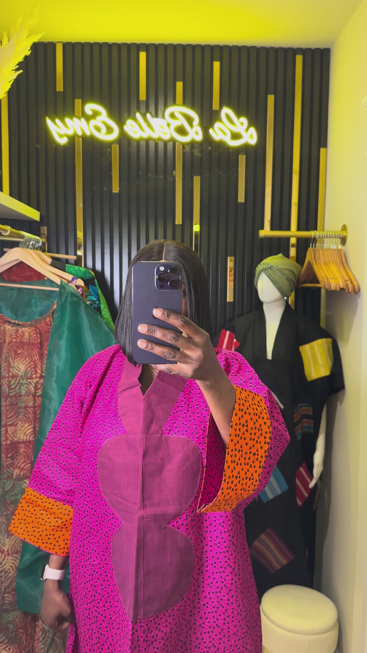 Fuchsia and Orange Geometric Color-Block Dress