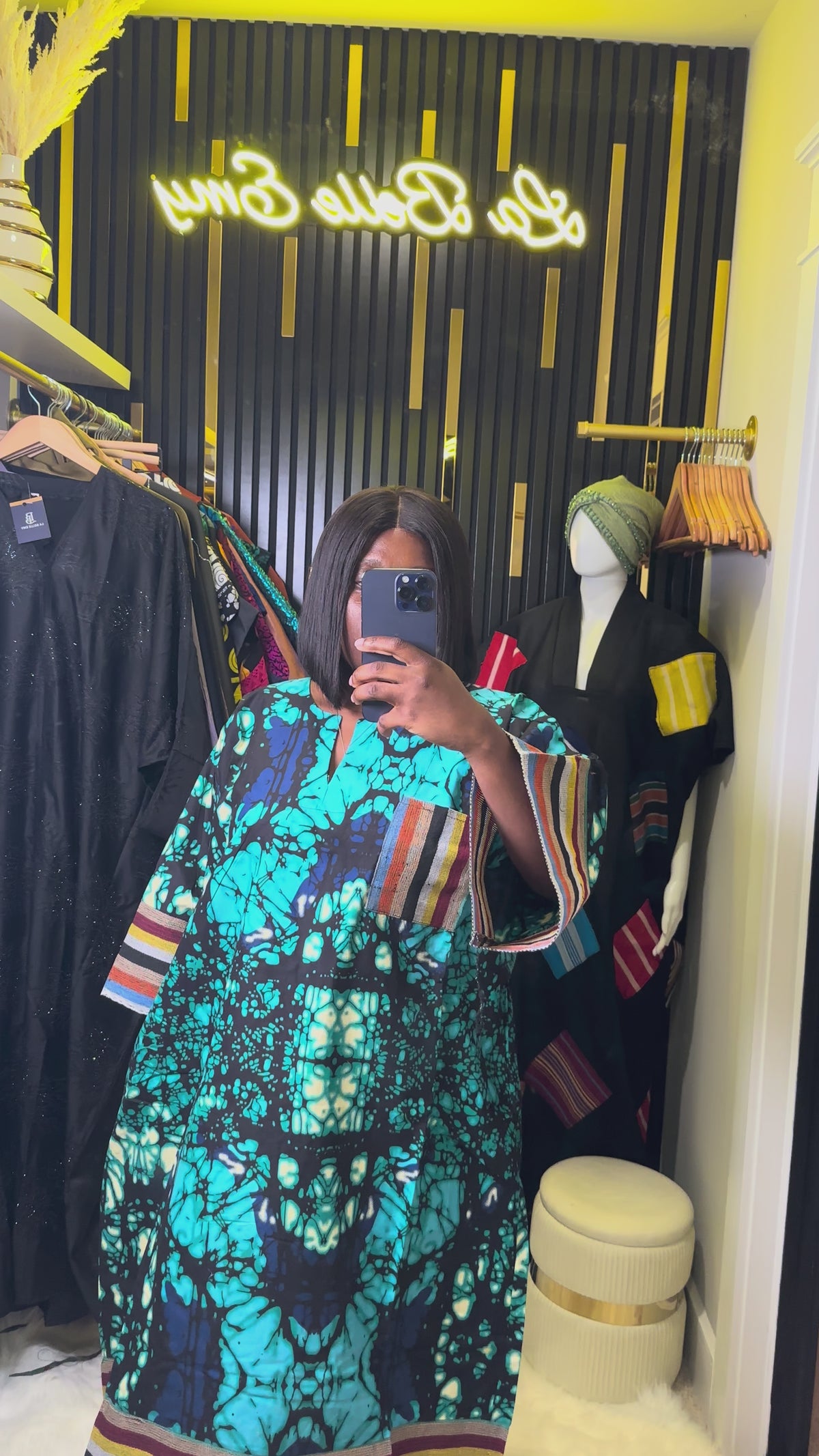 Teal Abstract-Print Striped-Cuff Kaftan Dress