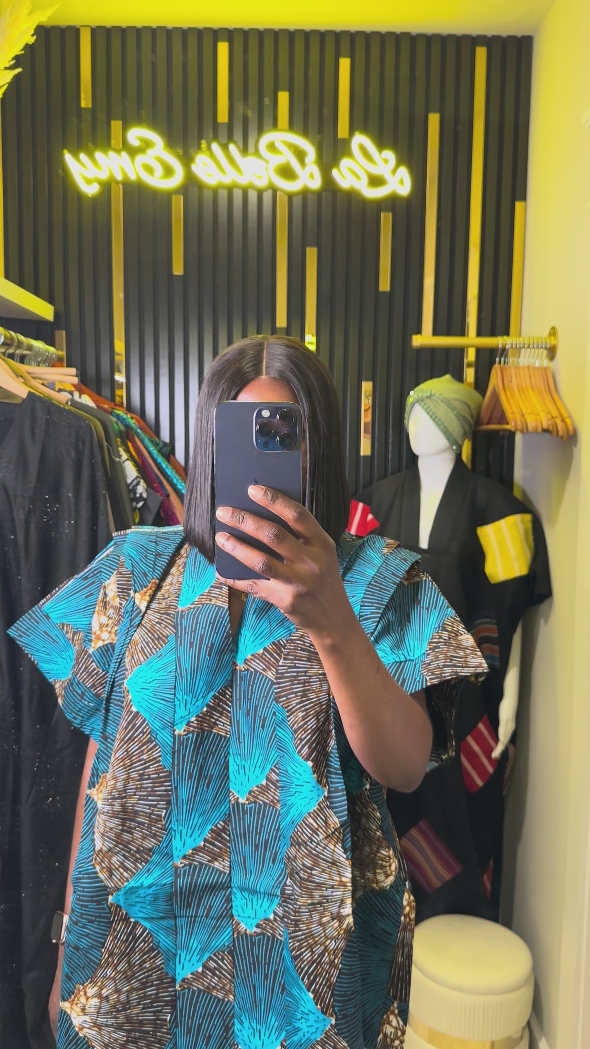 Teal Geometric-Print Flutter-Sleeve Midi Dress