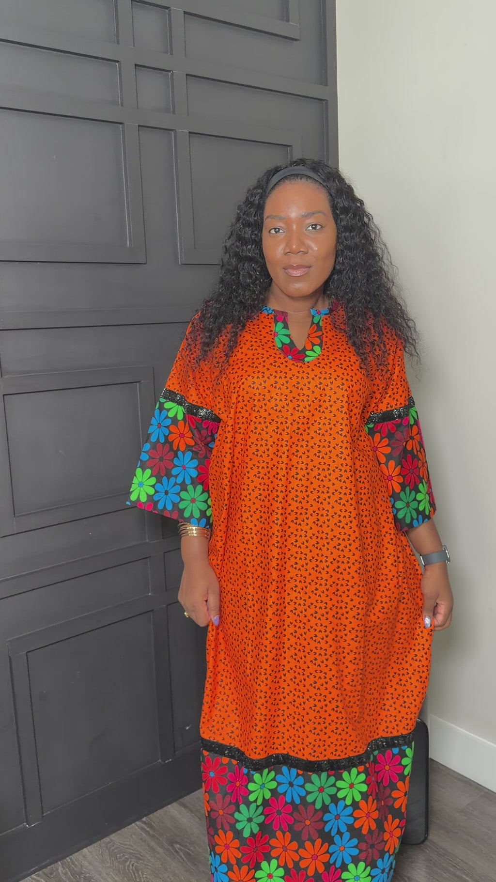 Orange Mixed-Print Full-Length Color-Block Dress
