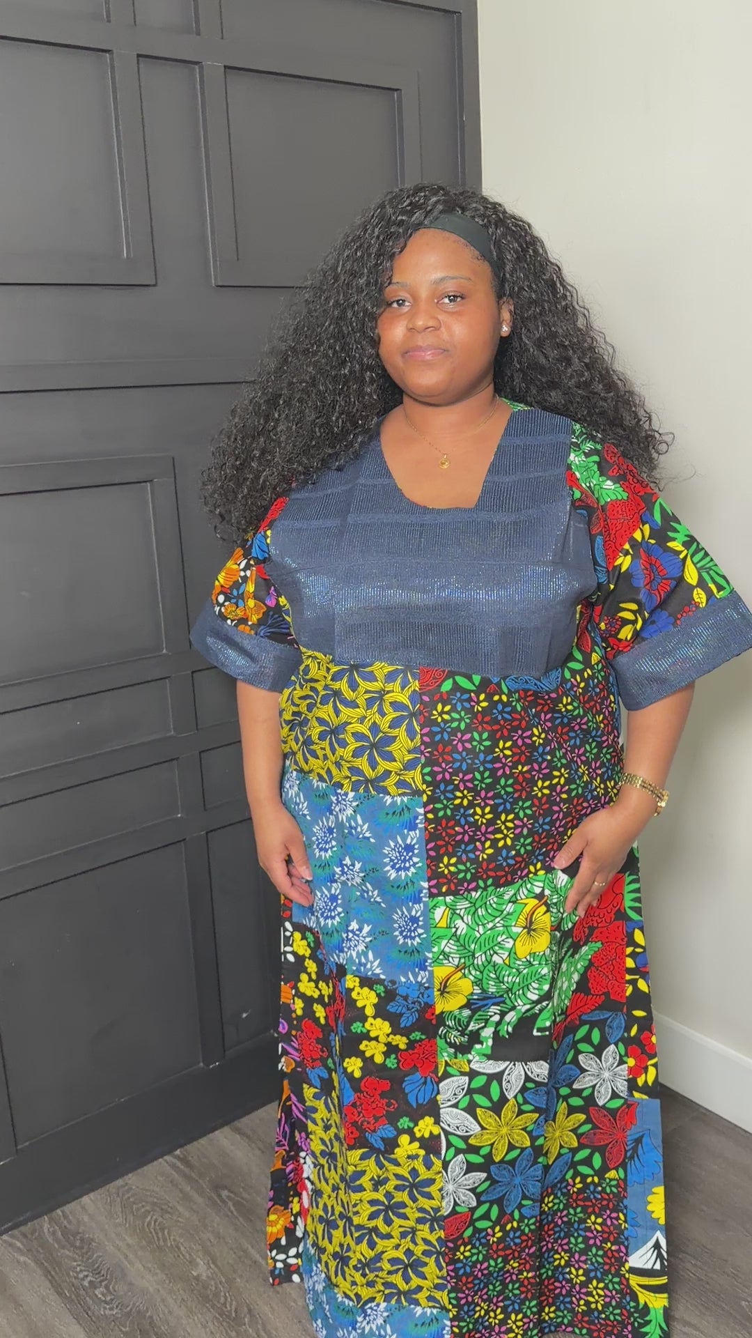 Floral Patchwork Full-Length Dress with Navy Yoke