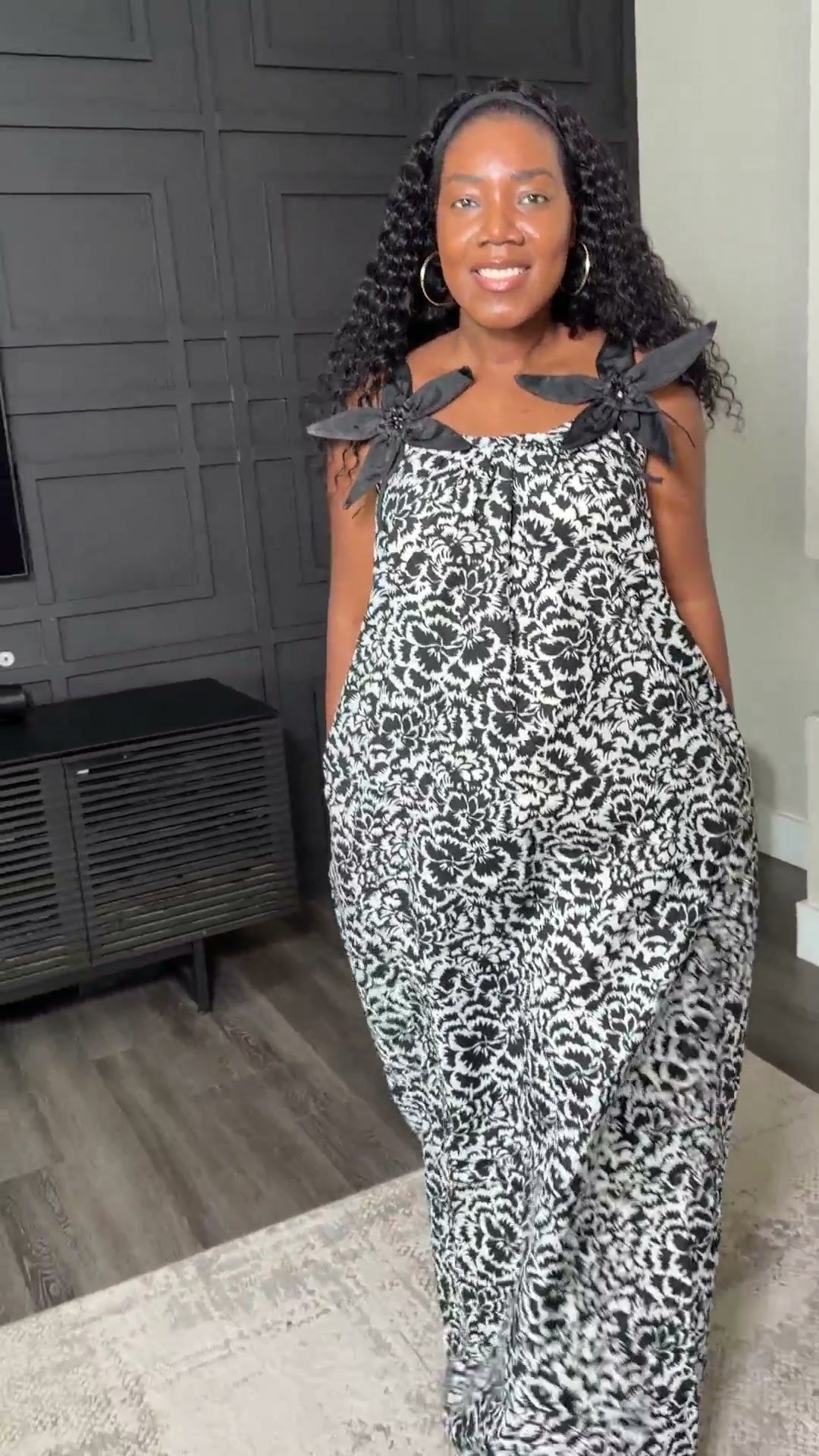 Black and White Floral Tie-Shoulder Swing Dress