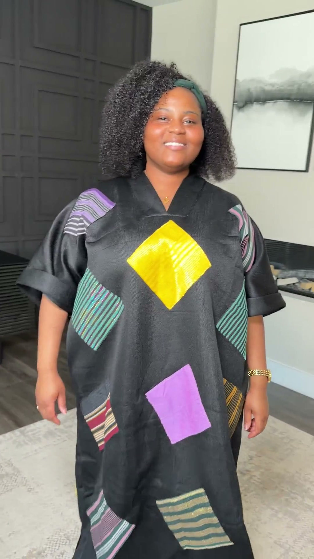Black Geometric Patchwork V-Neck Shift Dress
