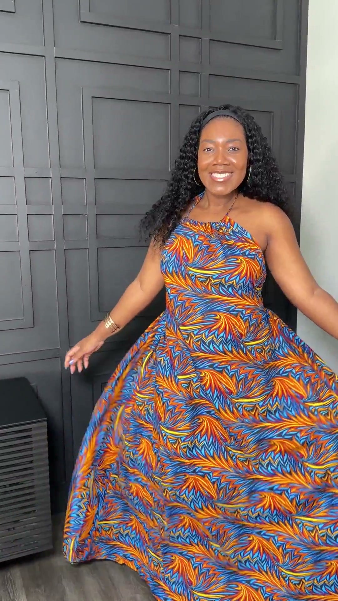 Blue and Orange Abstract-Print Halter Midi Dress