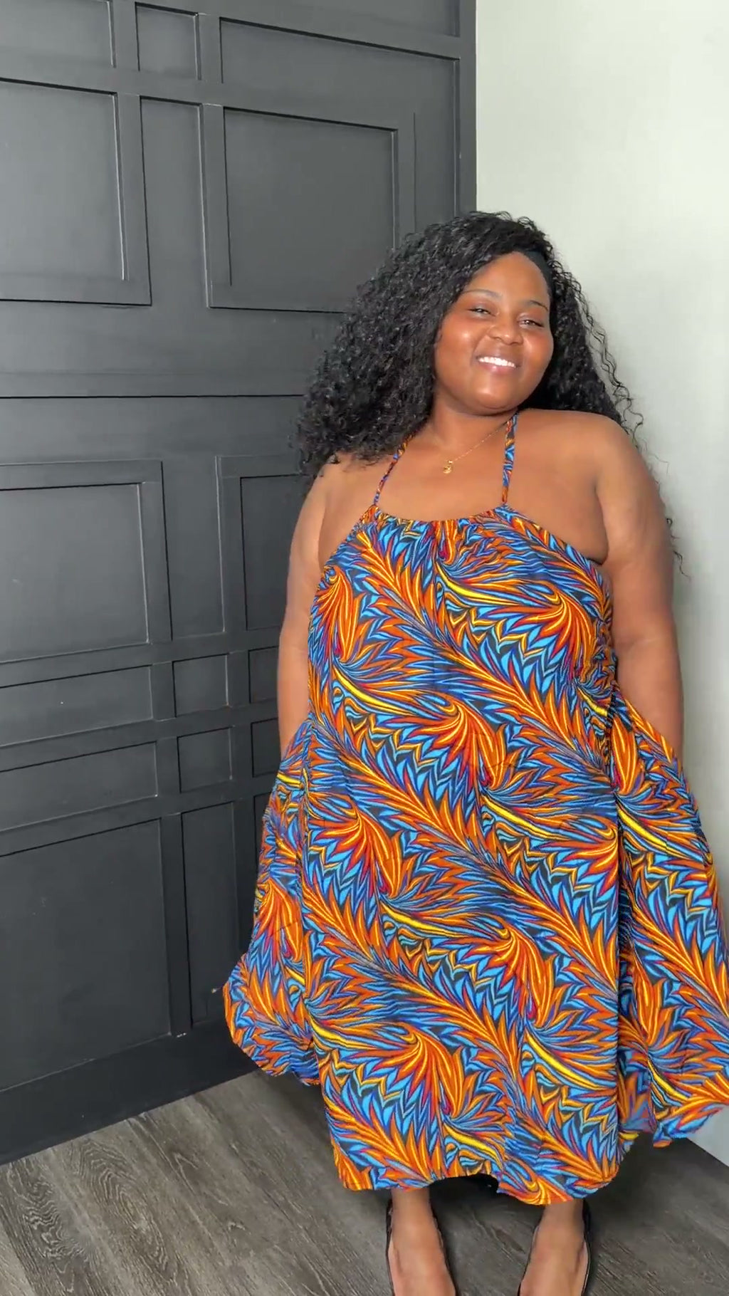Blue and Orange Abstract-Print Halter Midi Dress