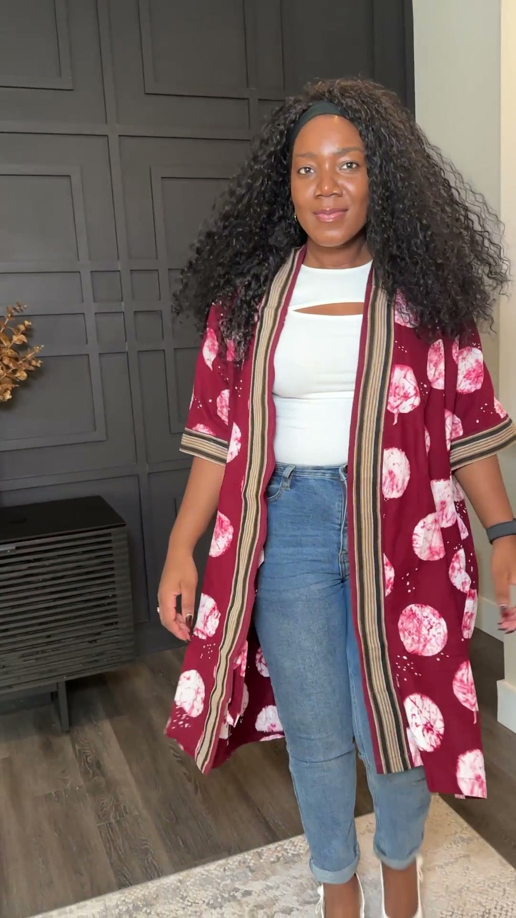 Burgundy Abstract-Print Longline Tunic with Striped Trim