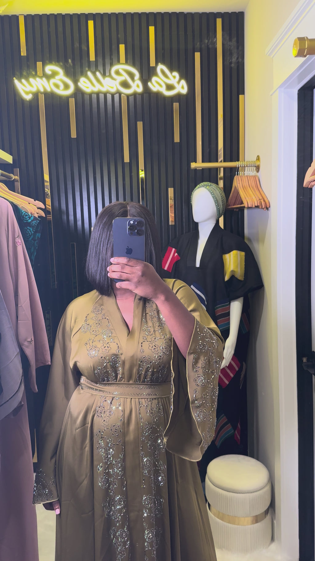 Olive-Gold Belted Crystal-Effect Kaftan Gown
