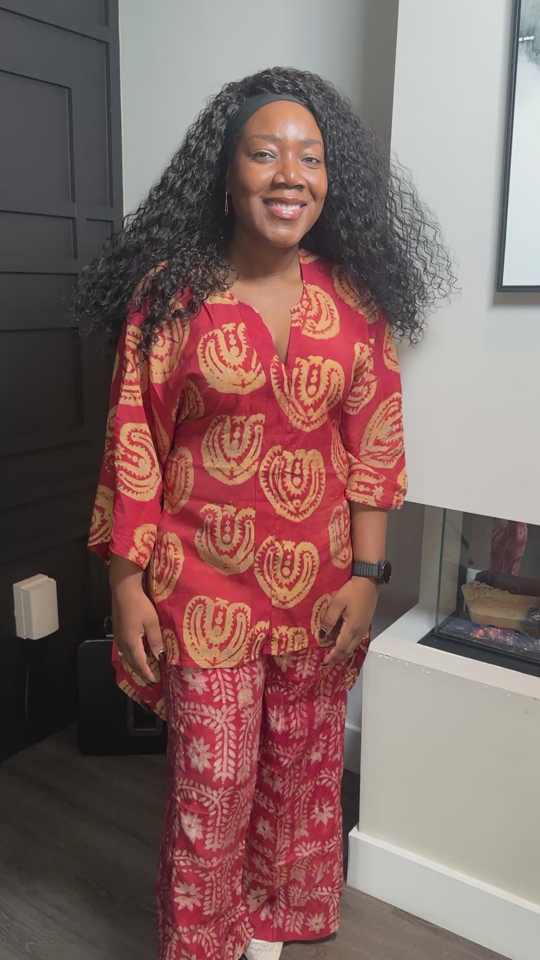Red Paisley-Print Tunic and Wide-Leg Pants Set