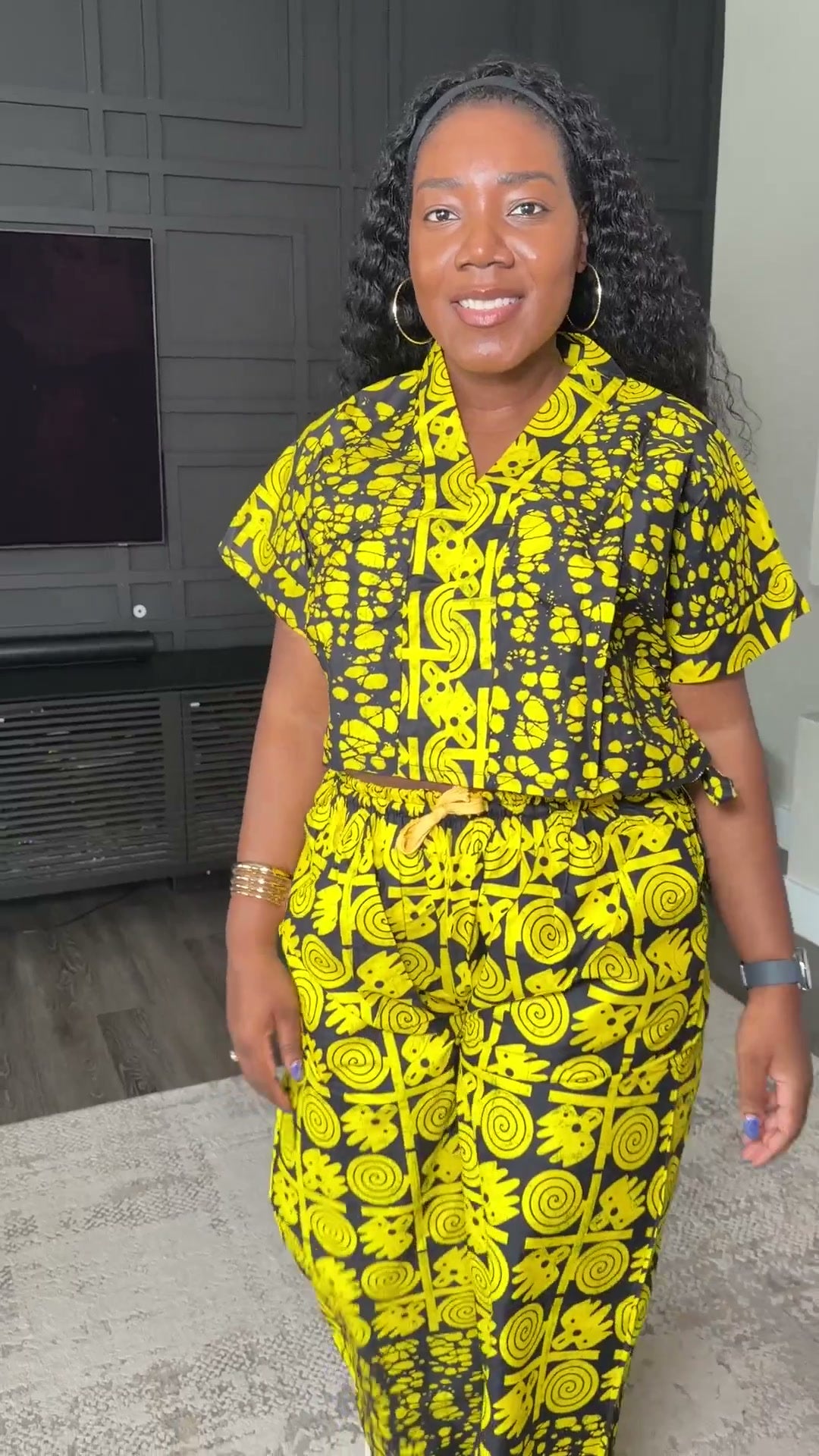 Crop Shirt & Pants Set - Yellow Mixed Print