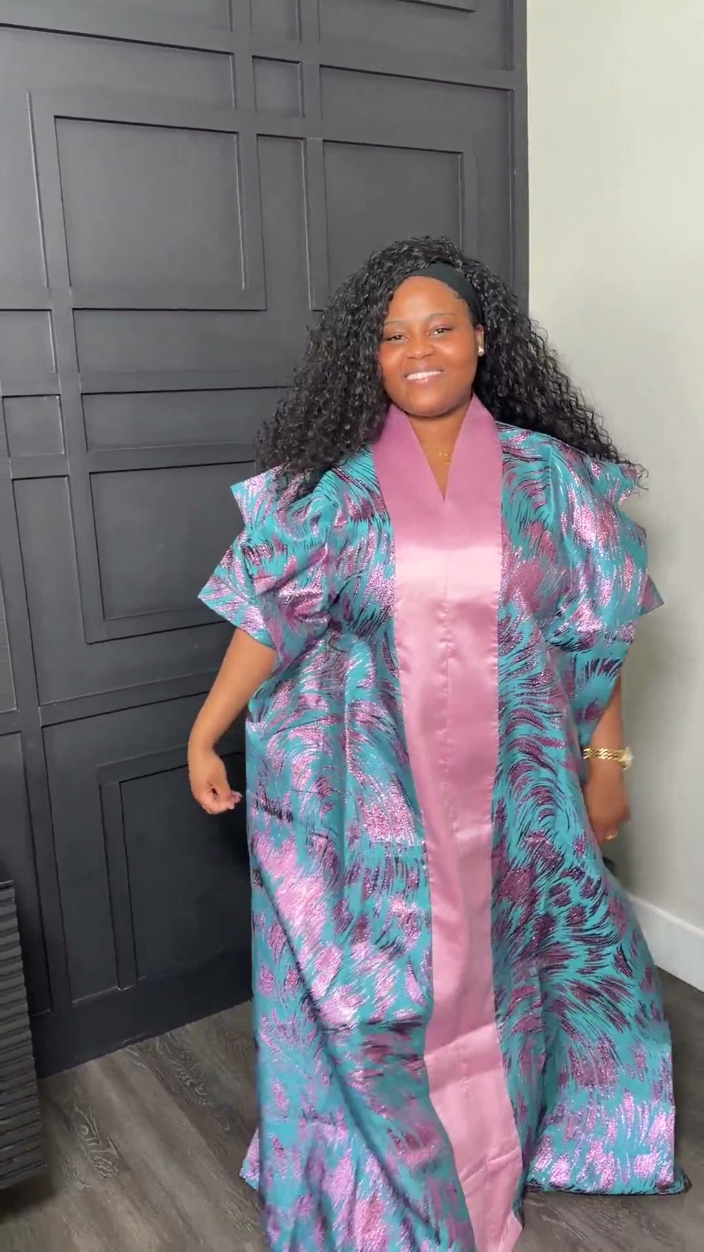 Kaftan Gown - Teal and Blush Abstract Print