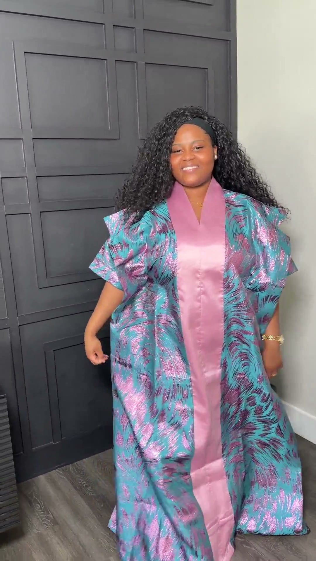 Kaftan Gown - Teal and Blush Abstract Print