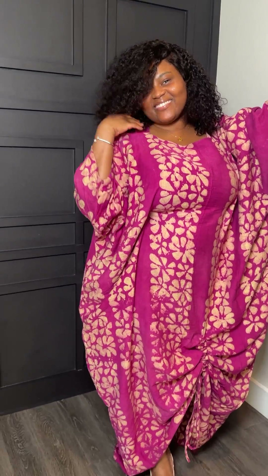 Magenta Botanical-Print Long-Sleeve Shift Dress