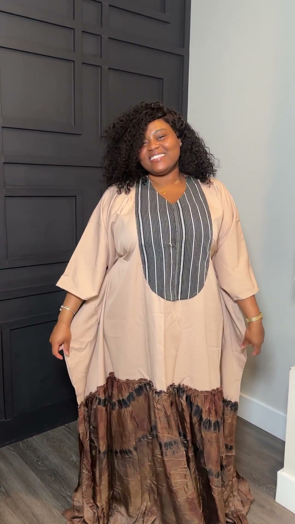 Maxi Dress - Beige with Brown Mixed Print