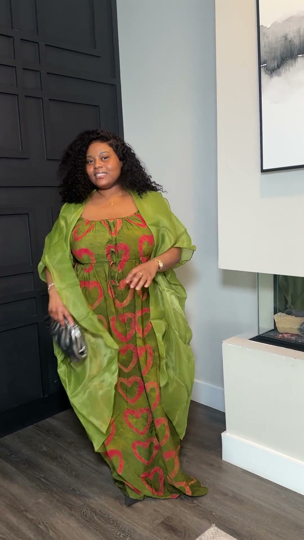Olive Heart-Print Maxi Dress & Sheer Duster Set
