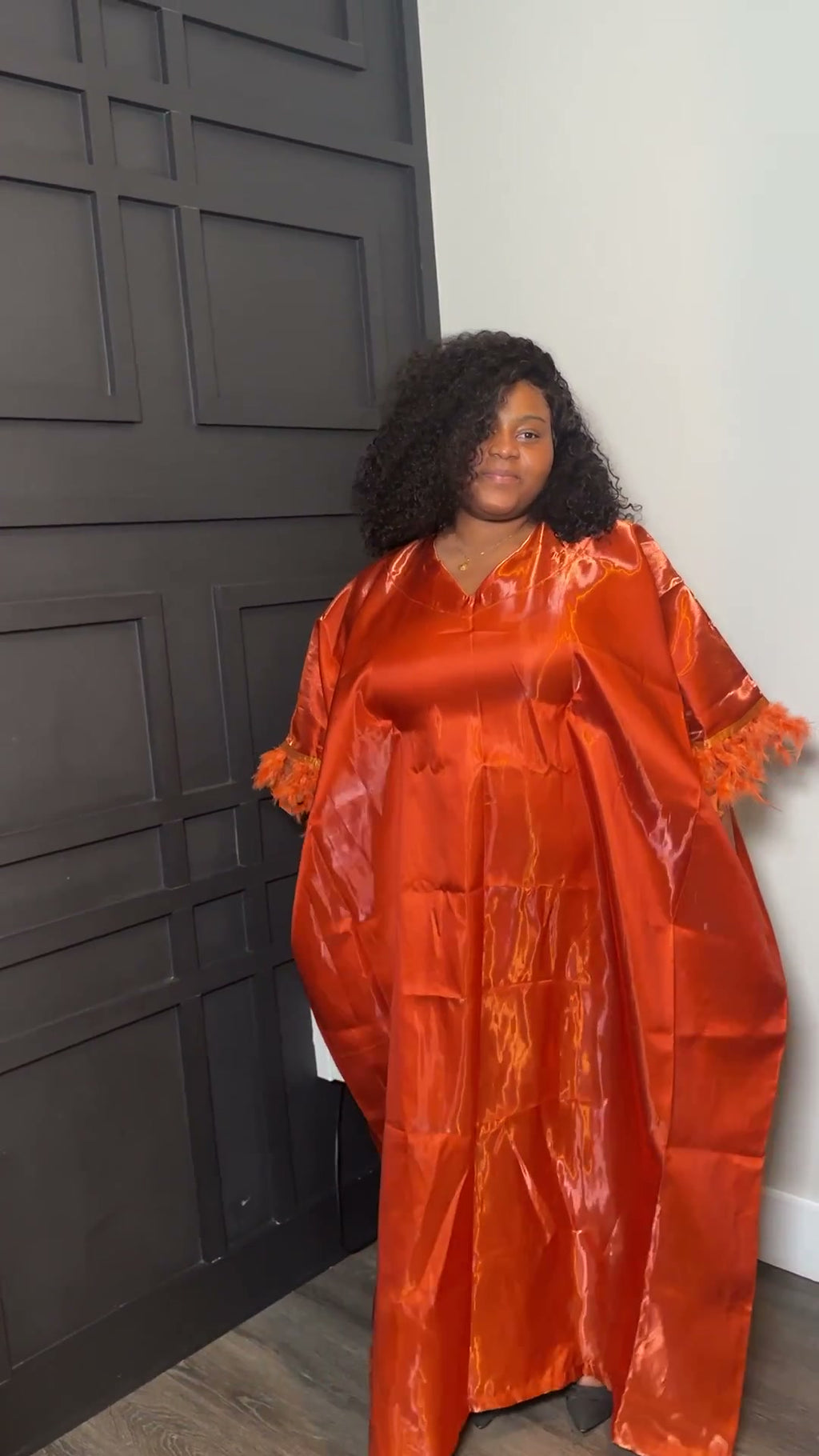 Orange Ruffled Kaftan with Feather-Effect Trim