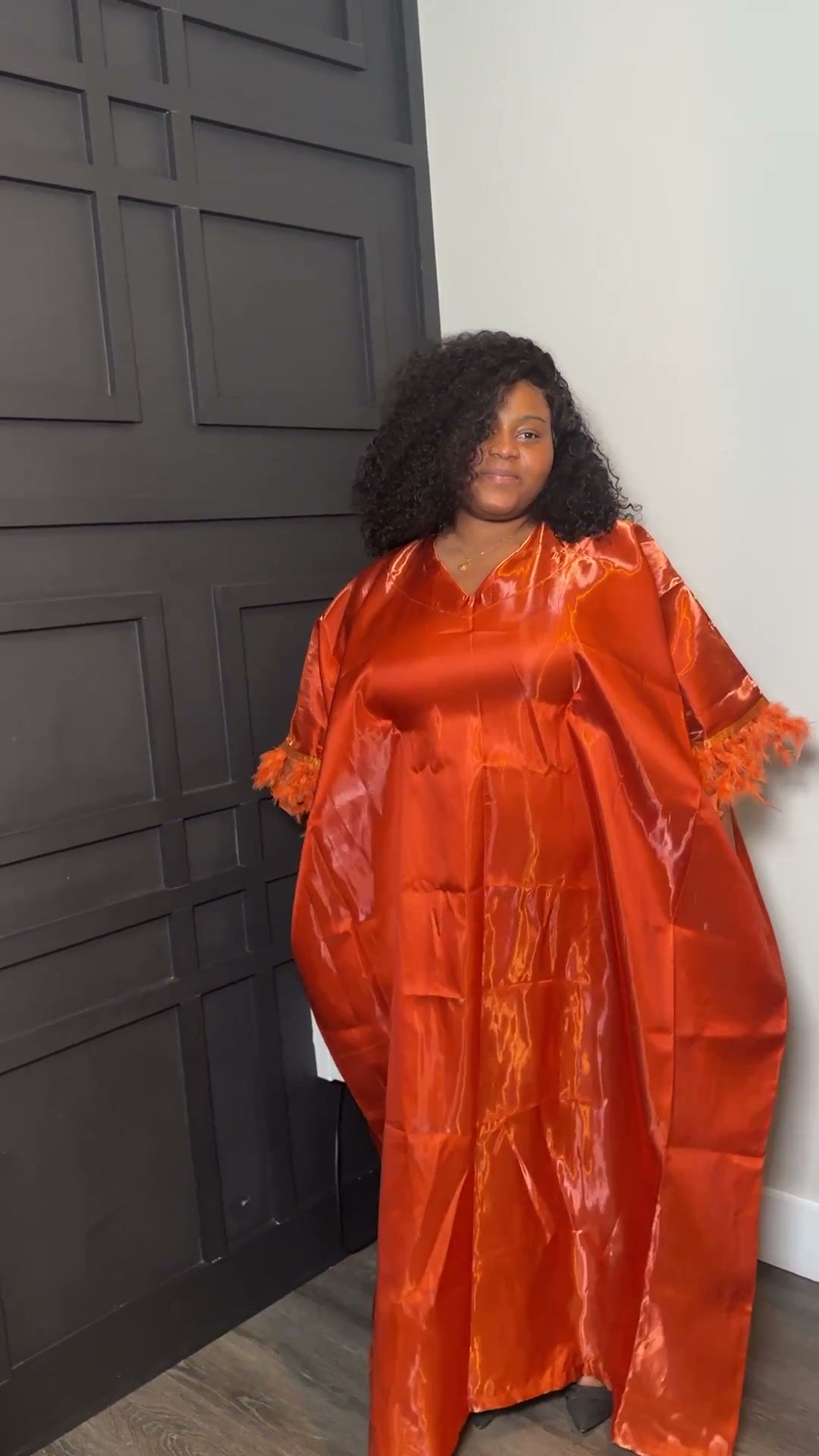 Orange Ruffled Kaftan with Feather-Effect Trim