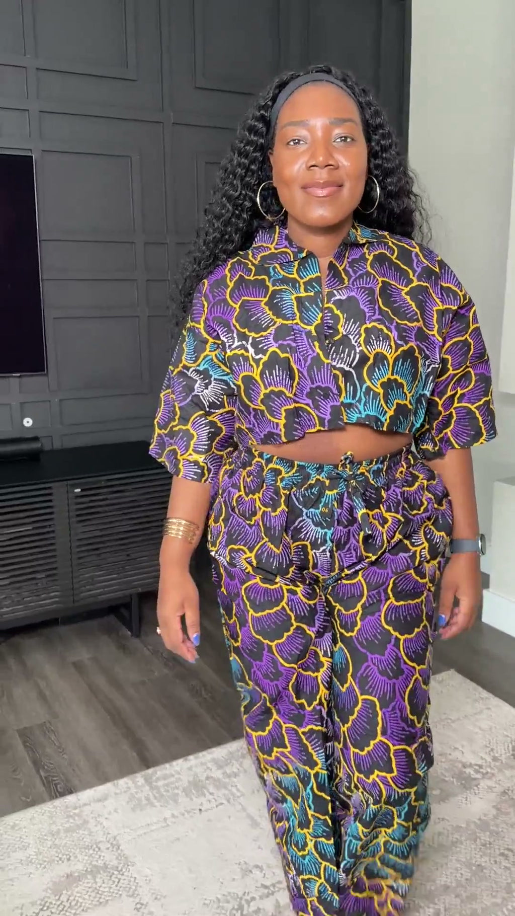 Purple Floral Crop Top & Wide-Leg Pants Set