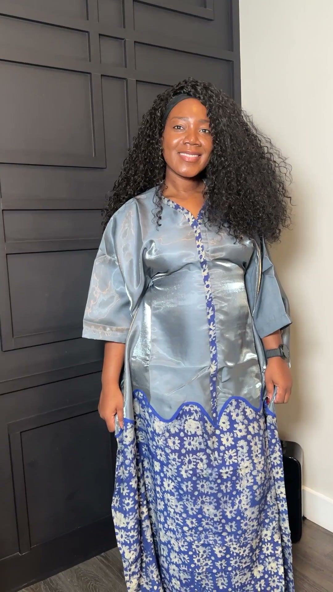 Silver and Blue Floral-Panel Kaftan
