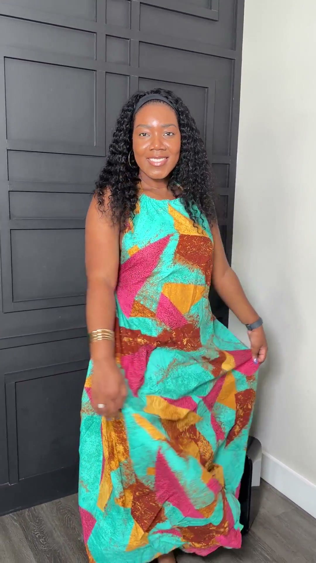 Turquoise Abstract-Print Sleeveless Swing Dress