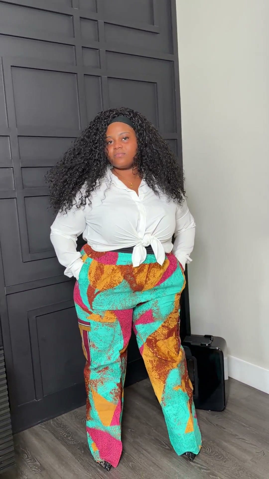 Turquoise Abstract-Print Wide-Leg Cargo Pants