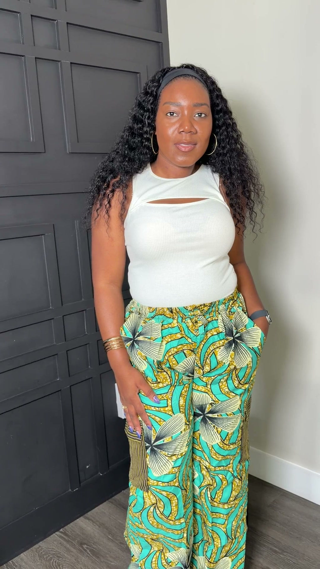 Turquoise Floral-Print Wide-Leg Cargo Pants