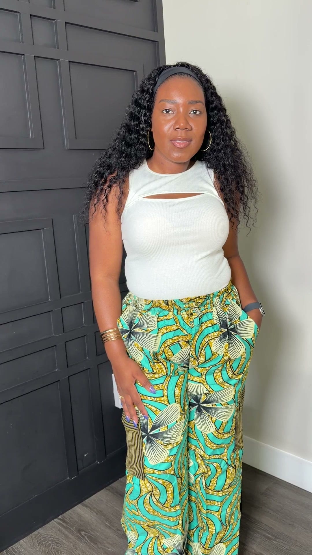 Turquoise Floral-Print Wide-Leg Cargo Pants